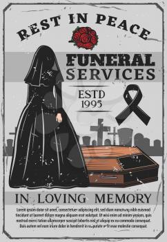 Funeral service, interment ceremony, window in black gown with dark veil, wooden coffin and cemetery. Vector red roses, female silhouette and mourning tape. Graveyard, gravestones and crosses, memory