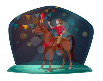 Chapiteau circus, horse and equestrian or acrobat, stage with spotlight. Vector animal with feather and neckerchief, artist in costume and bandana. Man and trained mustang, arena performance