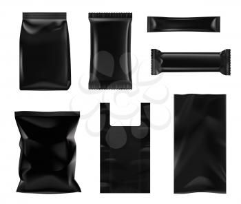 Black polymer and paper packaging for foods and packets. Containers for snack, chocolate bar or grocery products templates. Disposable packages for food realistic 3d models with folds vector isolated