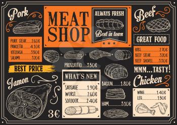Butchery products chalk sketch. Vector menu with bacon or pork steak, ham and salami, kielbasa and sausage, chicken or wurst. Meat shop or farm market, beef and prosciutto, rib and wings or leg