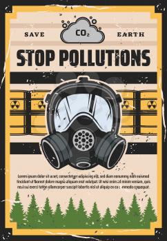 Ecology, stop pollution, environmental problem. Vector contamination, litter and rubbish, toxic substance barrels and mask, protection. Ecosystem damage, global disaster, save Earth, green forest
