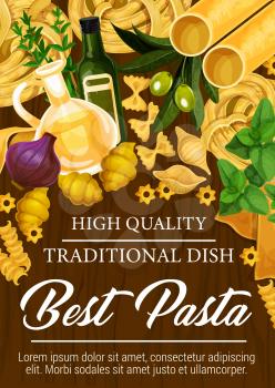 Italian cuisine pasta poster with seasoning and olive oil. Spaghetti and conchiglie, farfalle and tagliatelle, cannelloni and fusilli with stelle. Basil and purple onion, olive oil and rosemary vector