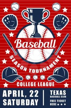 Sport of baseball game announcement poster with ball and bat or trophy cup and glove with cap. Sporting tournament for professional players brochure. College league championship leaflet vector