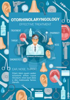 Otorhinolaryngology diagnostic clinic promo banner for ENT medicine design. Otorhinolaryngologist doctor or surgeon with medical tool poster, framed with throat, nose and ear human organ icon