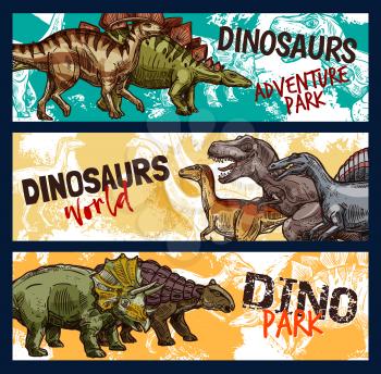Dinosaur world banners for dino adventure park design. Jurassic monsters sketch with tyrannosaurus rex, stegosaurus and velociraptor, triceratops, diplodocus and ankylosaurus prehistoric animals