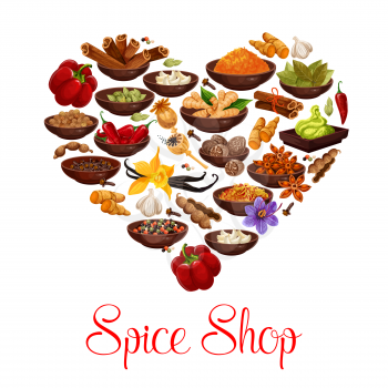Heart formed of spice and condiment poster for spice shop design. Pepper, cinnamon and star anise, ginger, cardamom and vanilla, chili, nutmeg and bay leaf, saffron, clove and turmeric seasoning