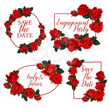 Flower frame for wedding ceremony, save the date and engagement party invitation design. Red rose flower bouquet card of summer flowering plant, floral bud and green leaf with copy space in center