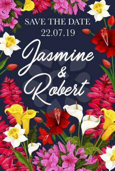 Wedding save the date floral banner for invitation template. Spring flower frame of daffodil, tulip and calla lily, phlox and delphinium garden plant festive poster for greeting card design