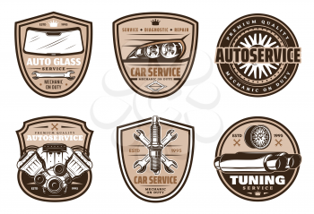 Auto service retro grunge badge of car diagnostic, repair and vehicle tuning. Car engine, tire and wheel, wrench, spark plug, glass and headlight vintage shield for garage and mechanic workshop design