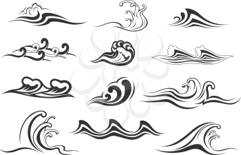 Wave icon set with water swirl of sea or ocean. Black and white curls of water stream, ocean surf or sea storm with splashes and bubble foam for nature, marine travel or summer holiday themes design