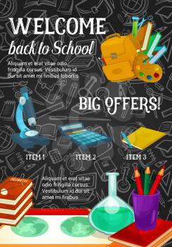 Back to school sale promotion poster of school supplies discount offer template. Student book, pencil, pen and paint, backpack, calculator and microscope banner for shopping and education theme design