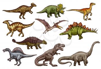 Dinosaur animal icons of prehistoric reptile monsters. Dino sketches of triceratops, tyrannosaurus rex and stegosaurus, brontosaurus, spinosaurus and velociraptor, pteranodon and ankylosaurus