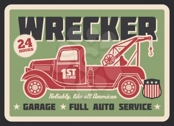 Retro truck wrecker vintage banner for auto service or garage design. Old tow truck with wheel lift grunge poster for emergency vehicle towing and roadside assistance advertising template