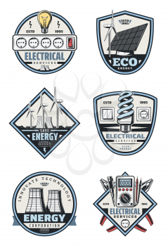 Electrical service, eco power electricity supply and energy saving vintage symbol. Electrician tool, light bulb, plug and plier, wind turbine, solar panel and nuclear power station retro badge design