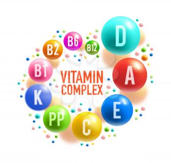 Vitamin complex poster with colorful pill of healthy food supplement. Multivitamin ball with A, B group and D, C, E and K vitamin for diet nutrition, pharmacy and health care banner design