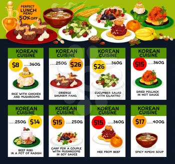 Korean cuisine restaurant menu card with asian lunch dish. Kimchi soup and rice, served with beef and fish, cucumber salad, ribs in radish pot and cream cake for discount offer promotion flyer design