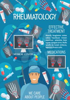 Rheumatology medical clinic banner of diagnostics and treatment of rheumatism disease. Bone and joint x-ray of hand, knee and leg, rheumatologist doctor, pill and crutches poster for hospital design
