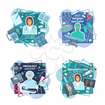 Surgery, oncology, rheumatology and therapy specialist icon for medicine themes design. Professional surgeon, oncologist, rheumatologist and physician doctor with medical diagnostic tool and treatment