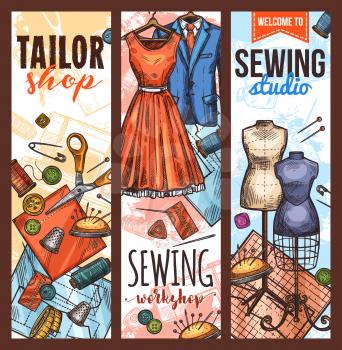 Tailor workshop and sewing studio sketch banner. Fabric, sewing machine and pin, needle, thread and scissors, mannequin, button and tape measure, dress and suit for atelier or fashion studio design