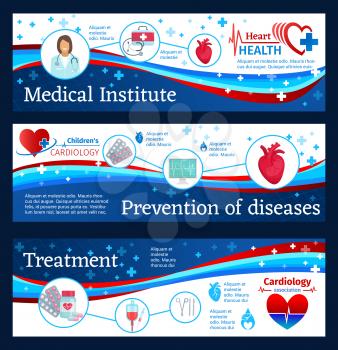 Cardiology medical clinic banners of heart disease prevention, diagnostics and treatment. Heart, ecg and heartbeat, cardiologist doctor, pill, blood bag and medical cross symbols for medicine design