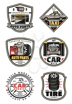 Car service retro labels for repair workshop, car wash, auto part and tire shop design. Motor oil, wheel and tire, battery, steering wheel and alarm system key vintage icons for transportation emblem