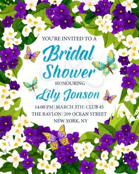Bridal shower invitation card with white and purple flower frame. Violet and jasmine blooming branches with green leaf, butterfly and copy space in center for wedding celebration design