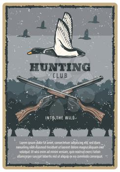 Duck hunting vintage banner with wild bird and hunter rifle. Mallard duck flying over tree retro grunge poster, decorated with crossed shotgun weapon and scratched frame for hunting sport club design