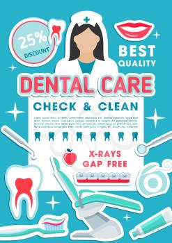 Dental clinic discount promotion poster of tooth care, oral hygiene and caries treatment special offer. Dentistry medicine banner with dentist tool, tooth and braces, floss, toothbrush and toothpaste