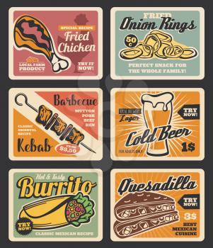 Fast food menu retro cards with takeaway meal and drink. Grilled kebab, beer and chicken, mexican burrito, quesadilla and fried onion ring vintage posters for cafe and restaurant advertising design