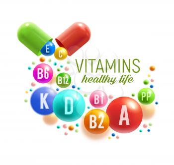 Vitamin for healthy life poster. Colorful pill and ball of multivitamin spilled out of vitamin capsule for natural food supplement advertising, pharmacy promotion banner design