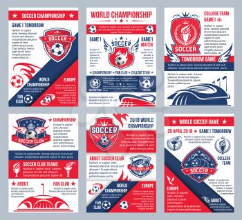Soccer cup or college team championship football match posters design for sport team game tournament. Vector soccer ball goal on arena stadium, victory cup and winner laurel stars with champion wings