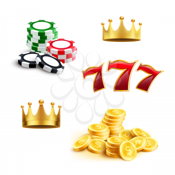 Casino 3d icon for gambling sport and gaming industry themes. Gaming chip, coin money, jackpot lucky seven and golden crown isolated symbol. Online casino, slot machine and internet bets design