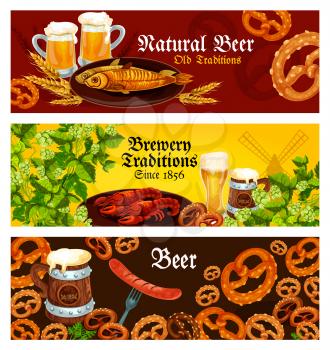 Beer brewery traditions banners for Oktoberfest German traditional beer festival. Vector bar or pub menu design of craft beer glass or pint and snacks pretzel bread, fish and grill sausage or chips
