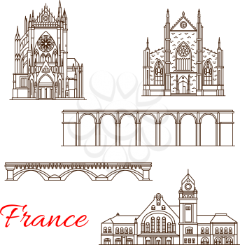 France famous landmark buildings and travel sightseeing architecture line icons. Vector set of Saint Malo church in Brittany, Moyenne bridge and in stone bridge in Dinnan or St Etienne Cathedral