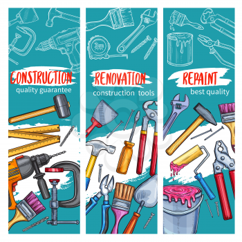 Home construction and renovation sketch banners of repair work tools. Vector design of carpentry hammer or saw, screwdriver or bolts and nails, trowel and paint brush or woodwork electric drill