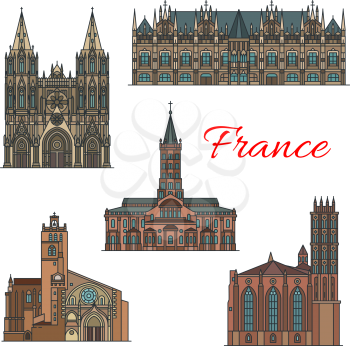 France famous landmark buildings and travel sightseeing architecture facades icons. Vector set Justice Palace, Basilica church Saint-Sernin and cathedral of Toulouse, Saint-Ouen and Jacobins monastery