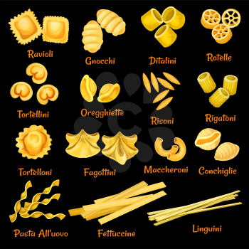 Italian pasta sorts or types icons. Vector isolated set of ravioli, gnocchi or ditalini and rotelle, tortellini or oregghiette and risoni, traditional Italy cuisine fettuccine and linguini