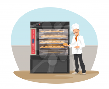 Bakery shop and baker at bread showcase. Vector flat design of bakehouse and baker man with baked fresh buns and bagel loafs and sweet pastry baguette on shelf for bakery shop