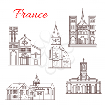 France famous travel landmark buildings and architecture sightseeing line icons. Vector set of Saint-Michel chapel, Saint Vincent and Saint-Francois or Sainte Anne church and Graville abbey