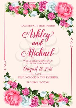 Rose flower frame of wedding invitation banner template. Marriage celebration invite card design with pink and white flower border of rose, peony and lily of the valley, green leaf and floral bud