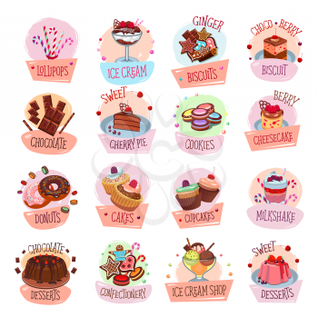 Pastry shop cupcakes and desserts icons for patisserie menu template. Vector isolated sweets of chocolate tiramisu cake or caramel donut and brownie muffin or waffle biscuits for cafe or cafeteria