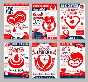 Donate Blood promo poster for blood donor center and transfusion laboratory template. Heart with red blood drop, helping hand and heartbeat medical banner for World Donor Day design