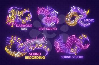 Music note neon light sign for karaoke bar, sound recording studio or jazz live concert template. Music notation symbol of shining note and treble clef on glowing waving stave for musical theme design