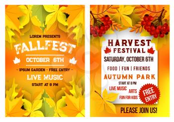 Autumn fall fest and October music festival invitation leaflet or poster template of autumn maple, oak acorn and elm tree leaf background. Vector seasonal outdoor event garden park picnic flyer