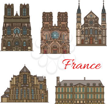 France famous travel landmark buildings and Marseilles architecture sightseeing line icons. Vector set or Saint Remi basilica, Notre Dame de Laon and Soissons cathedral and Reims palace