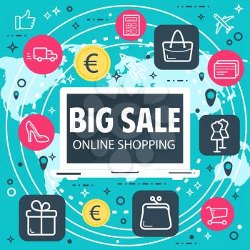 Online shopping and internet sale buy poster for web shop or store technology. Vector flat design of internet online shopping wallet, cart or bag icons on retail network world map