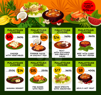 Malaysian cuisine restaurant menu price cards with lunch discount offer. Vector design for Malay traditional chicken with vegetables, pumpkin in coconut milk or meat with salad and bean sprouts