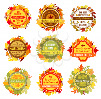 Fall sale and Autumn discount promo icons for autumn seasonal shopping store tags and labels. Vector isolated set of maple or chestnut and poplar leaf, oak or rowan and autumn birch leaves
