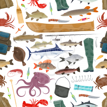 Fishing seamless pattern of fisherman equipment and fish catch. Vector pattern background of tackles for fish and seafood catch, fishing rod or wader boots and boat, tent and salmon or trout fishing