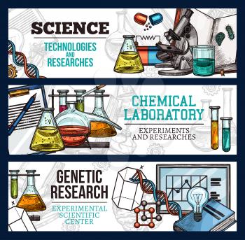 Science technology and scientific research sketch banners. Vector design of genetics DNA and molecules, chemical laboratory beakers and scientist book or pills and microscope for experimental science